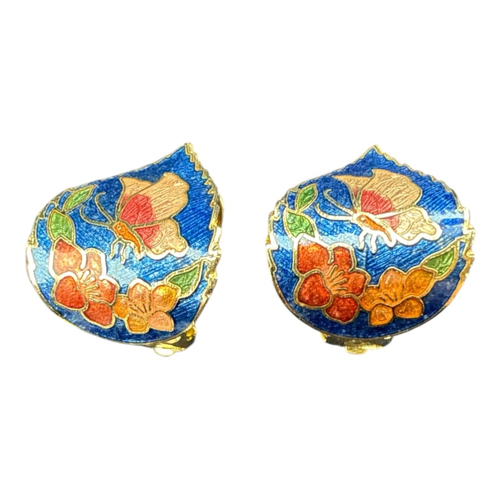 Cloisonné Butterfly Clip Earrings Blue Enamel Floral Gold Tone